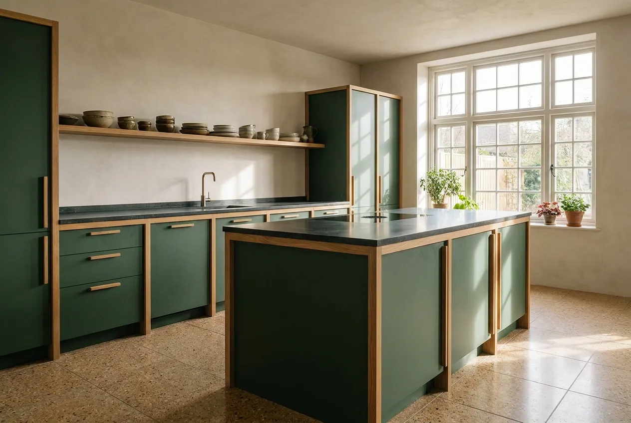 Küche nach Maß aus Eiche und Linoleum, gefertigt vom Tischler